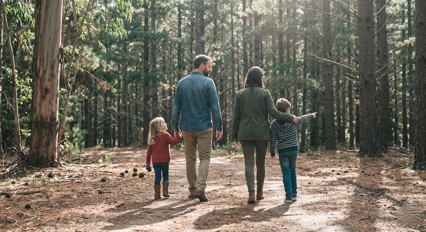 Familia caminando por el bosque