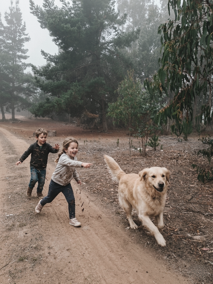 Niños jugando con su perro en el bosque